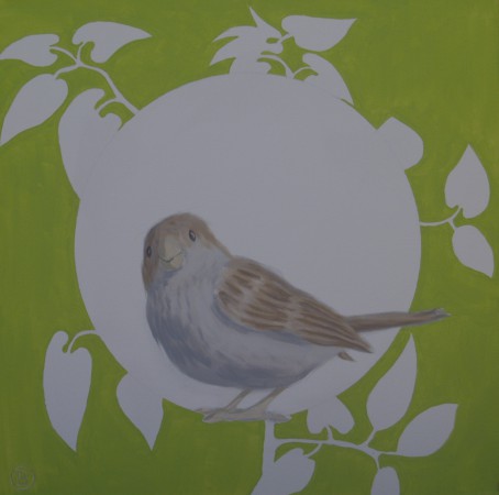 vogel schilderij, green sparrow,