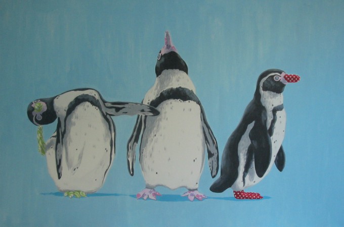 three is a crowd, pinguin schilderij