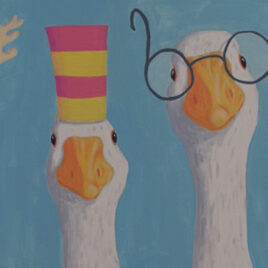 four geese een grappig schilderij van vier gekke ganzen