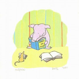 varkentje leest een boek en muis leest ook een boek, zeefdruk voor in de babykamer