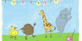 Egel, Eend, olifant en Giraf dansen onder gekleurde lichtjes en transistor radiotje, kunst voor kinderen