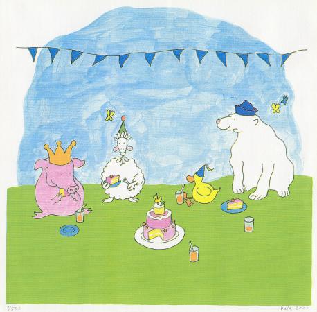 Eend is jarig, haar vrienden, schaap, ijsbeer en eend eten taart en drinken limonade, kunst voor baby's