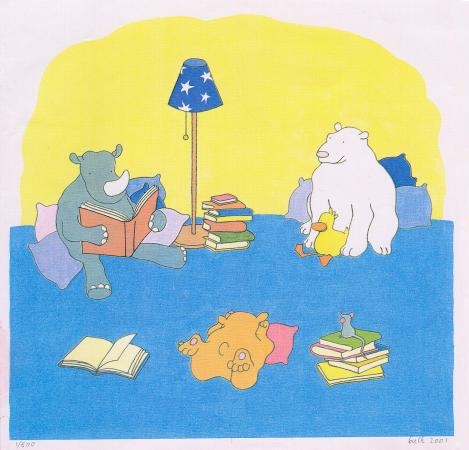 grijze neushoorn leest boeken voor aab beer, ijsbeer eend en muis, kinderboekenillustratie, zeefdruk