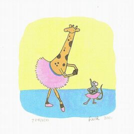 kinder illustratie, giraf met een tuttu en muis met een tuttu, balletles met giraf en muis, zeefdruk