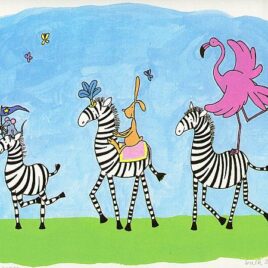 schilderijtje van een optocht van zebra's met een konijn en een flamingo, kuns zeefdruk voor in de kinderkamer