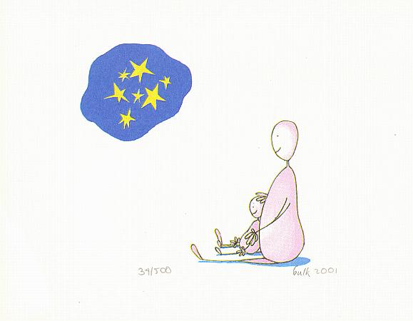 Sterrennacht, tekening, aquarel van mamma met baby kijken naar de sterren, zeefdruk