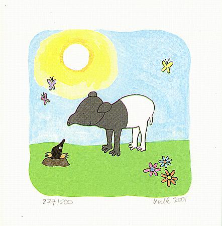 zeefdruk klein bulkje, Tapir ontmoet een mol met een blauwe lucht en vlinder